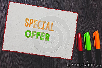 Text sign showing Special Offer. Conceptual photo Selling at a lower or discounted price Bargain with Freebies White paper red bor Stock Photo