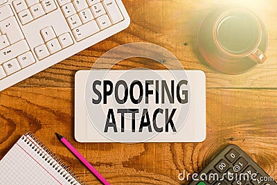 Text sign showing Spoofing Attack. Business showcase impersonation of a user, device or client on the Internet Display Stock Photo