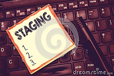 Text sign showing Staging. Conceptual photo Method presenting play or other dramatic perforanalysisce Set of stages Stock Photo