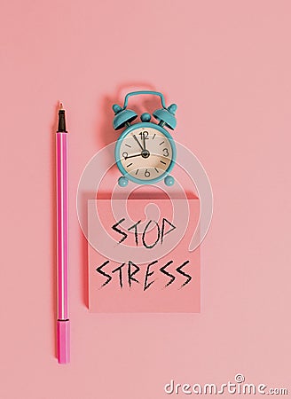 Text sign showing Stop Stress. Conceptual photo Seek help Take medicines Spend time with loveones Get more sleep Metal Stock Photo