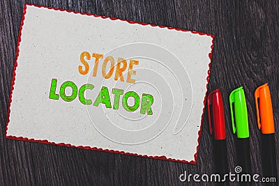 Text sign showing Store Locator. Conceptual photo to know the address contact number and operating hours White paper red borders c Stock Photo