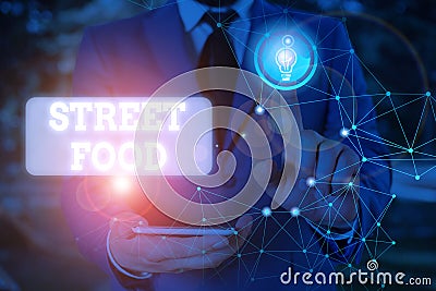 Text sign showing Street Food. Conceptual photo cooked food sold by vendors in a street or other public location. Stock Photo