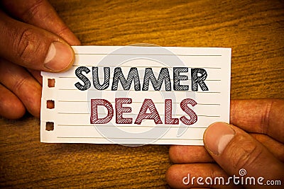 Text sign showing Summer Deals. Conceptual photos Special Sales Offers for Vacation Holiday Trips Price Discounts Stock Photo