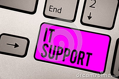 Text sign showing It Support. Conceptual photo Lending help about information technologies and relative issues Keyboard purple key Stock Photo