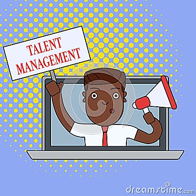 Text sign showing Talent Management. Conceptual photo Acquiring hiring and retaining talented employees Man Speaking Stock Photo