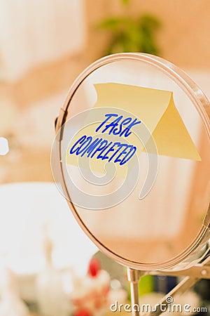 Text sign showing Task Completed. Conceptual photo Finished action or assignments that has no remaining duration Round shape Stock Photo