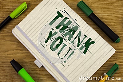 Text sign showing Thank You Motivational Call. Conceptual photo Appreciation greeting Acknowledgment Gratitude written on Notebook Stock Photo
