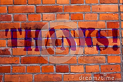 Text sign showing Thanks. Conceptual photo Appreciation greeting Acknowledgment Gratitude Brick Wall art like Graffiti Stock Photo