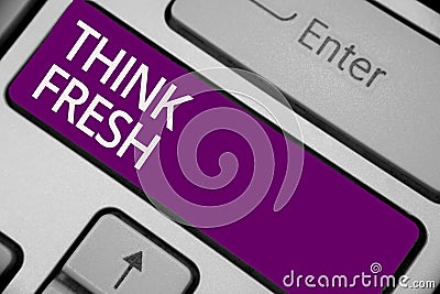 Text sign showing Think Fresh. Conceptual photo Thinking on natural ingredients Positive good environment Keyboard purple key Inte Stock Photo