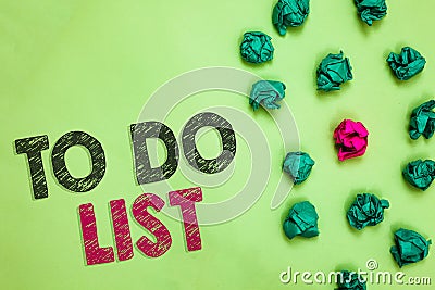 Text sign showing To Do List. Conceptual photo A structure that usualy made in paper contining task of yours Crumpled wrinkled pap Stock Photo