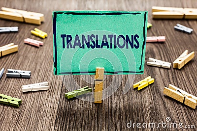 Text sign showing Translations. Conceptual photo Written or printed process of translating words text voice Random clips art work Stock Photo