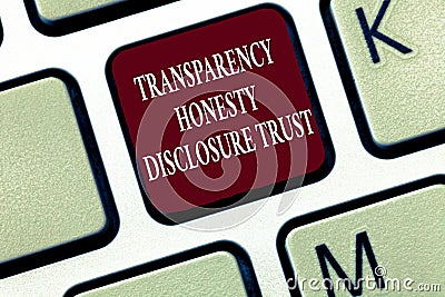 Text sign showing Transparency Honesty Disclosure Trust. Conceptual photo Political Agenda Corporate Will Stock Photo