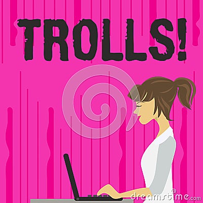 Text sign showing Trolls. Conceptual photo Online troublemakers posting provocative inflammatory messages photo of Young Stock Photo