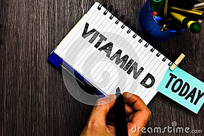 Text sign showing Vitamin D. Conceptual photo Benefits of sunbeam exposure and certain fat soluble nutriments Reminder appointment Stock Photo