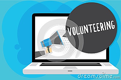 Text sign showing Volunteering. Conceptual photo Provide services for no financial gain Willingly Oblige Man holding Megaphone lou Stock Photo