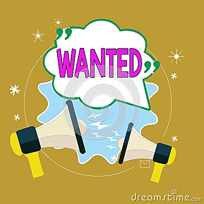 Text sign showing Wanted. Conceptual photo Desire something Wish want Hoping for Somebody being searched Blank Speech Stock Photo