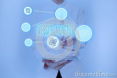 Text sign showing Website Monetize. Conceptual photo ability generate a revenue thorough your Web site or blog Lady Stock Photo