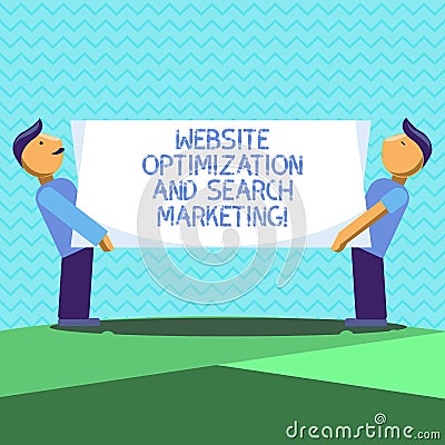 Text sign showing Website Optimization And Search Marketing. Conceptual photo Search engine optimization Two Men Stock Photo