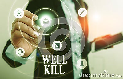 Text sign showing Well Kill. Conceptual photo operation of placing a column of heavy fluid into a well bore. Stock Photo