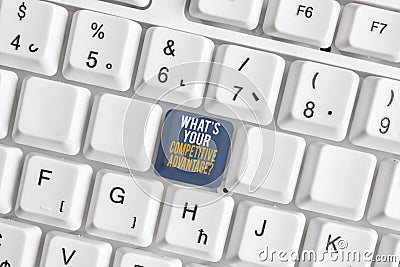 Text sign showing What S Your Competitive Advantage Question. Conceptual photo Marketing strategy Plan White pc keyboard Stock Photo