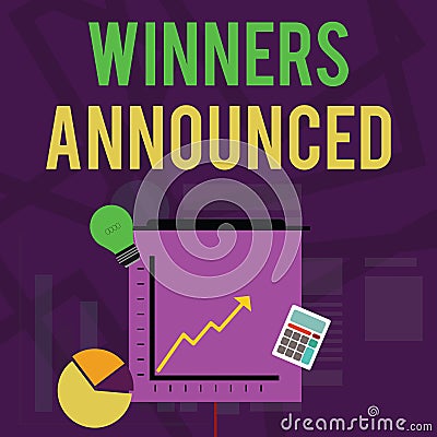 Text sign showing Winners Announced. Conceptual photo Announcing who won the contest or any competition Investment Icons Stock Photo