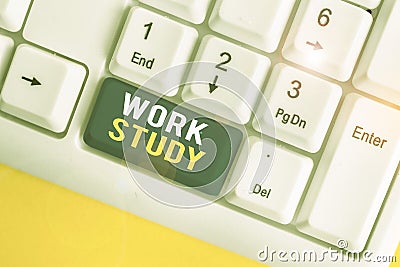 Text sign showing Work Study. Conceptual photo college program that enables students to work parttime White pc keyboard Stock Photo