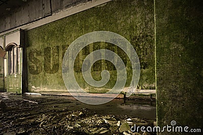 Text suicide on the dirty wall in an abandoned ruined house Stock Photo