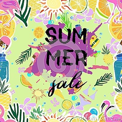 Text Summer sale, discount banners.Juicy pineapple, citrus with grunge elements, ink drops, tropical plants, abstract background Vector Illustration