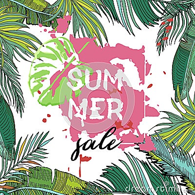 Text Summer sale, discount banners.Juicy pineapple, citrus with grunge elements, ink drops, tropical plants, abstract background Vector Illustration