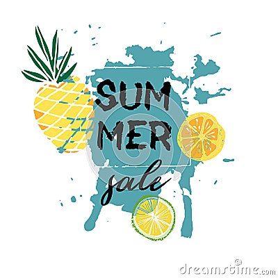 Text Summer sale, discount banners.Juicy pineapplesand citrus w Vector Illustration