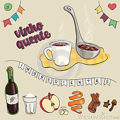 Text translation: mulled wine and ingredients. Vector Illustration