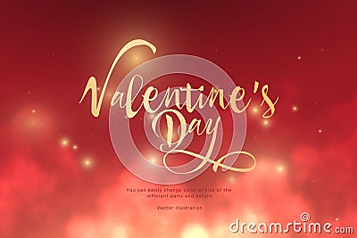 Text Valentine`s Day golden color in the clouds.Low poly wireframe art on red background.Concept for holiday or magic or miracle. Vector Illustration