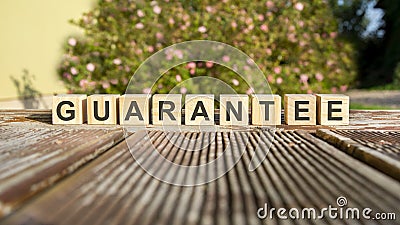 text of the word guarantee on wooden cubes. flowers in the background Stock Photo