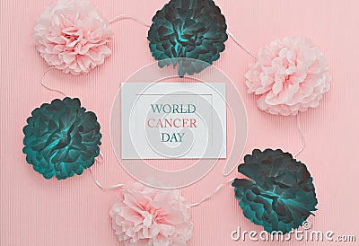 Text World Cancer Day in frame with symbolic healthy and sick flower buds Stock Photo