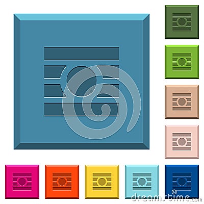 Text wrap around objects engraved icons on edged square buttons Stock Photo