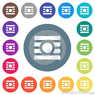 Text wrap around objects flat white icons on round color backgrounds Stock Photo