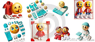 textil cartoon characters with different emotions on transparent background. 3d rendering Stock Photo