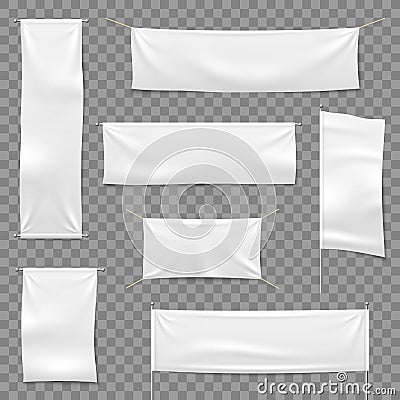 Textile advertising banners. Flags and hanging banner, blank fabric white horizontal cloth sign, textile ribbons vector Vector Illustration