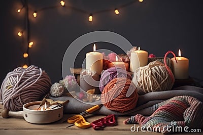 textile crafts workshop, with tools and materials for making knitted or crocheted scarves and shawls Stock Photo