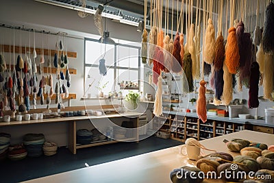 textile crafts workshop, with yarns, needles and hooks hanging overhead Stock Photo