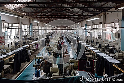 textile factory, with workers and sewing fabric into new garments Stock Photo