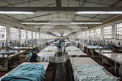 textile factory, with workers and sewing fabric into new garments Stock Photo