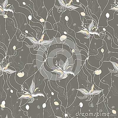 Textile floral pattern in french style, baroque, rococo. Contour light flowers seamless pattern with pearls on a beige background Vector Illustration