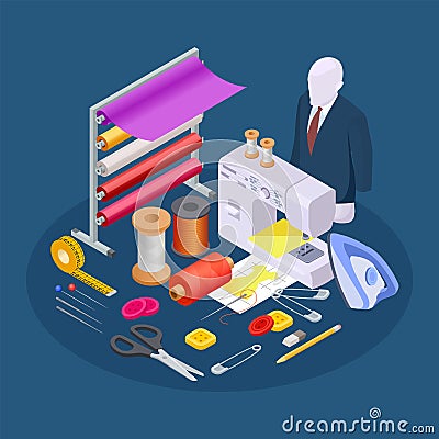 Textile industry composition. Isometric sewing vector. Sewing workshop collection Vector Illustration