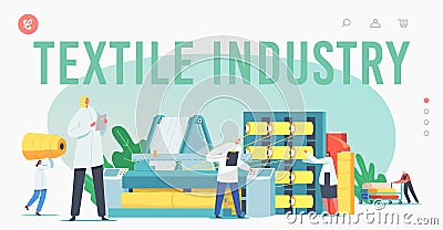 Textile Industry Landing Page Template. Characters Work on Fabric Production Factory. Workers at Automated Machine Vector Illustration