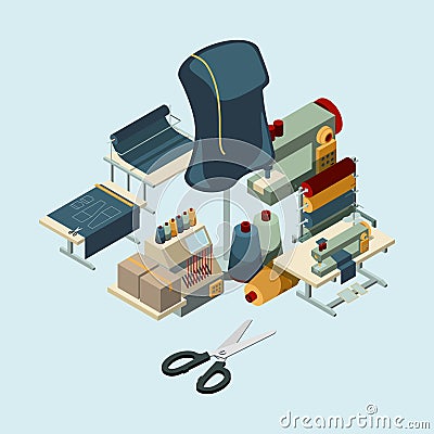 Textile industry. Sewing manufactory tools concept of embroidery production vector composition Vector Illustration