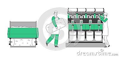 Textile Machinery , Man and Woman Factory Worker Characters in Uniform Standing Near Controlling Weaver Loom Vector Illustration