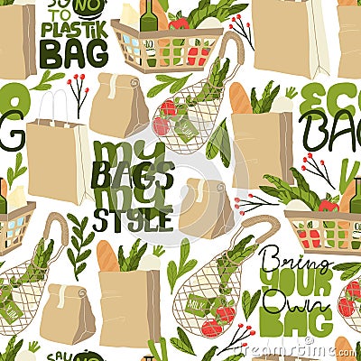 Textile and paper bags with botanics elements and eco slogans. Seamless pattern. Eco friendly life style background. Vector Illustration