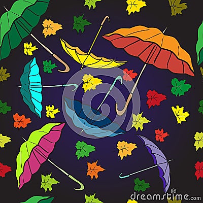 Textile seamless pattern of colorful umbrellas and autumn leaves Vector Illustration