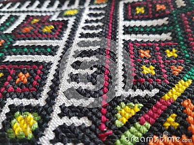 Textile. Traditional cross-stitch. Vintage Ukrainian cross-stitch. Juicy colors. Stock Photo